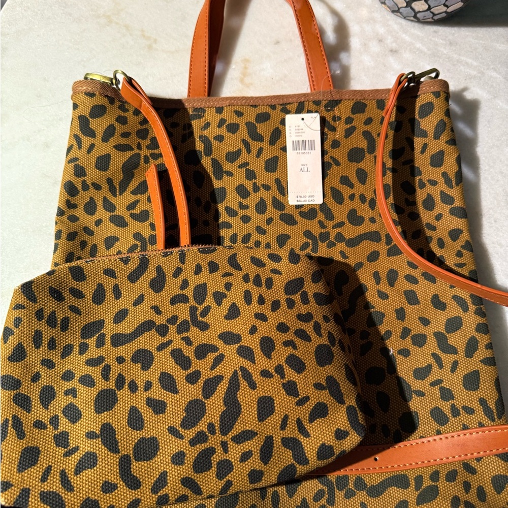 ANTHROPOLOGIE canvas Leopard Print Tote & Pouch Set. NWT handbag purse fall!
